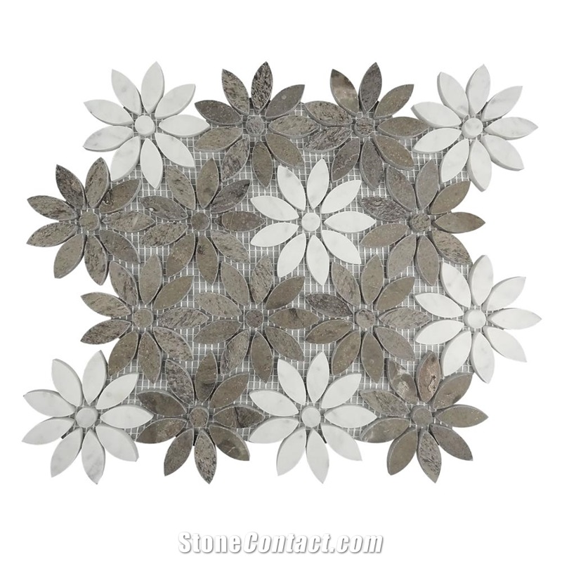 Bianco Carrara- Grey Marble Flower Design Mosaic