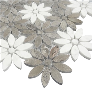 Bianco Carrara- Grey Marble Flower Design Mosaic