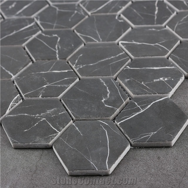 Nero Marquina Hexagon Honed Marble Mosaic Tile