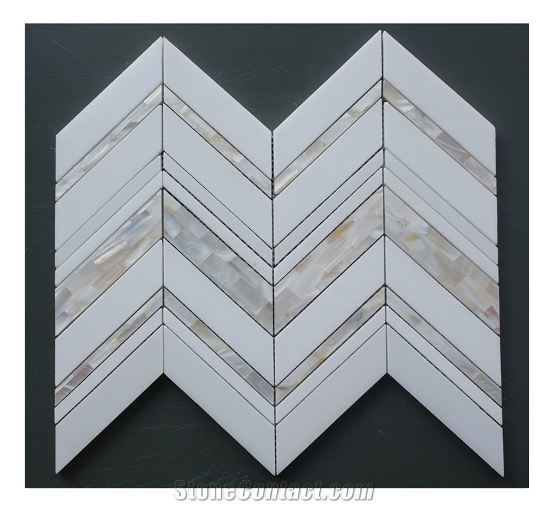 Thassos White Herringbone Mix Shell Marble Mosaic