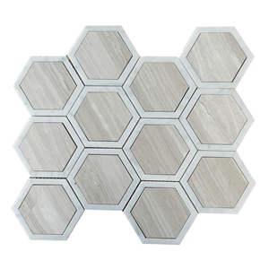 White Wooden Hexagon Polish Marble Mosaic Tile