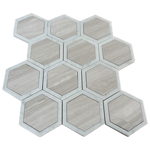 White Wooden Hexagon Polish Marble Mosaic Tile