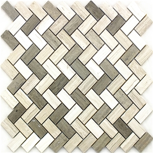 Wooden White Mix Grey Herringbone Marble Mosaic