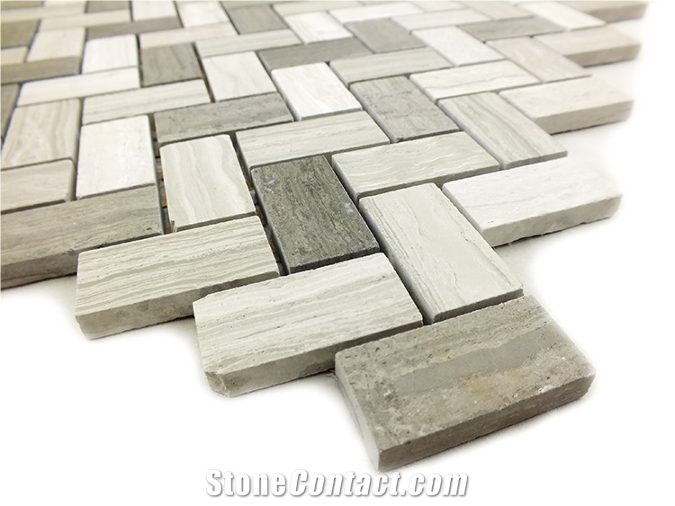Wooden White Mix Grey Herringbone Marble Mosaic