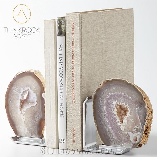Semiprecious Polished Grey Agate Geode Bookends