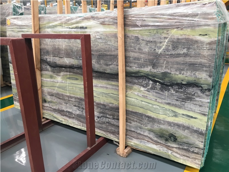 Green Wooden Marble with Grey Veins Slabs Tiles