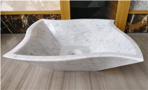 Oval Carrara White Marble Bathroom Vessel Basins