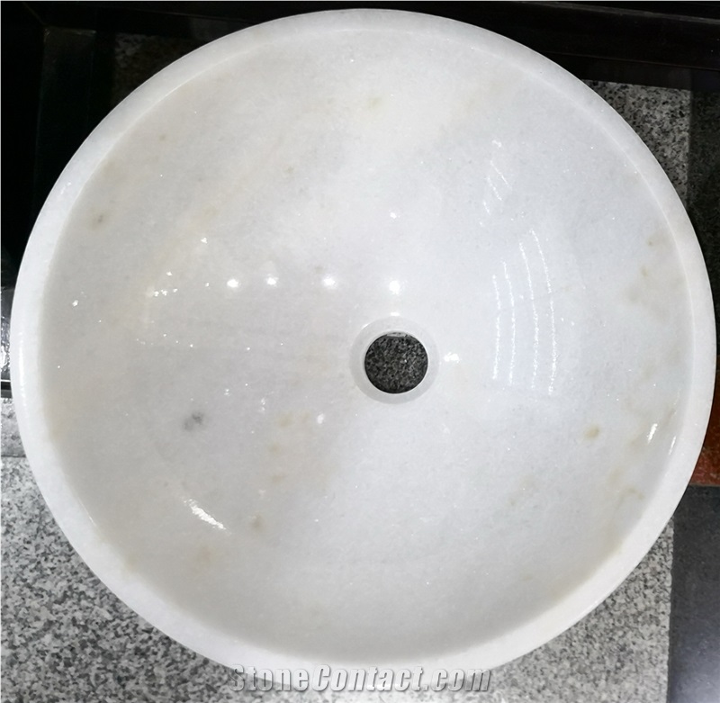 Round Crystal White Marble Bathroom Vessel Sinks