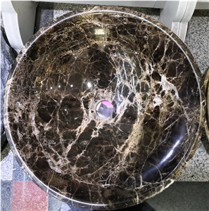 Round Emperador Brown Marble Bathroom Vessel Sinks