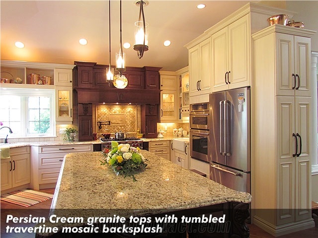 Persian Cream Granite Tops with Tumbled Travertine Mosaic Backsplash