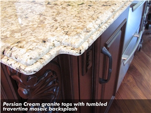 Persian Cream Granite Tops with Tumbled Travertine Mosaic Backsplash