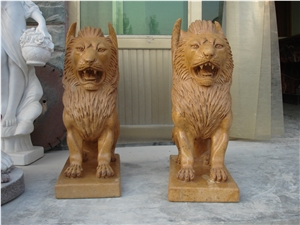 Beige Travertine Lion Statues, Animal Sculptures