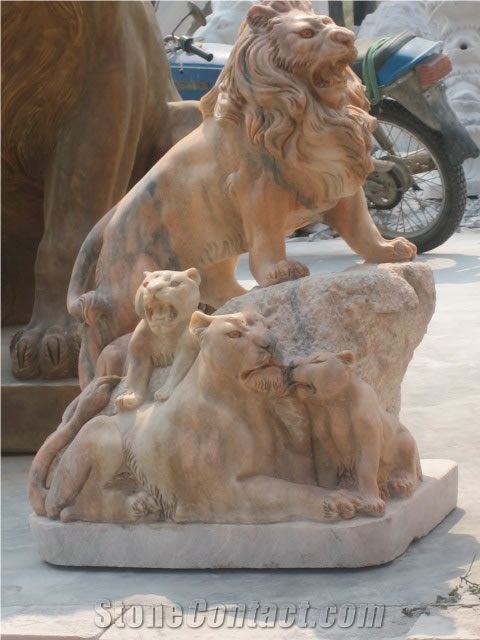 Beige Travertine Lion Statues, Animal Sculptures