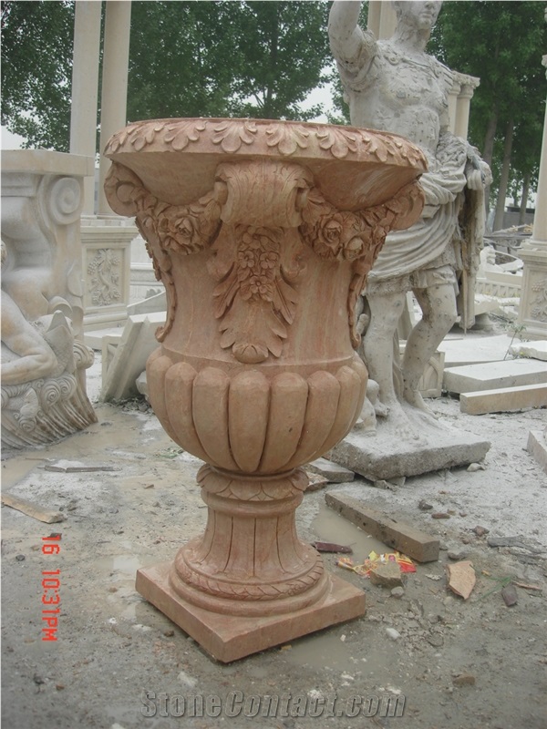 Imported Orange Red Marble Garden Urns Flower Pot