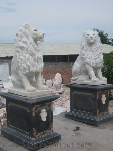 White Marble Lion Statues with Base, Animal Shizi