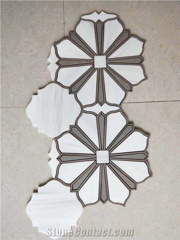 Eastern White +Med Grey Flower Marble Mosaic Tile