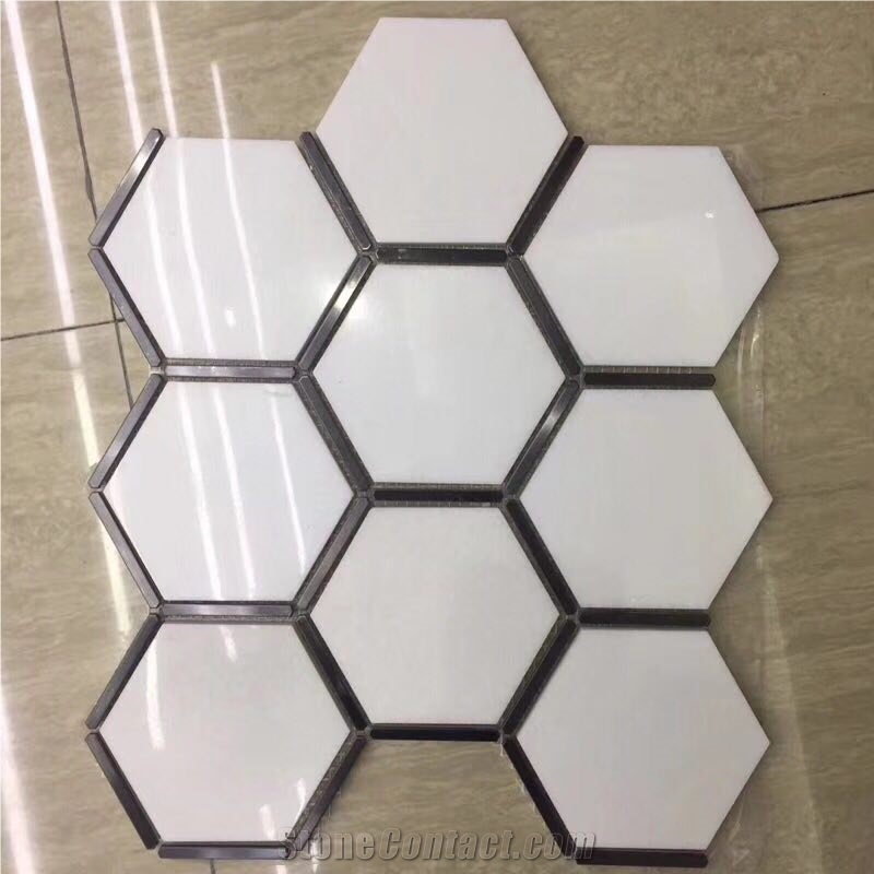Thassos White+Black Marquina Marble Hexagon Mosaic