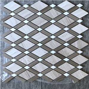 Rhombus White Wooden Mix Athen Grey Marble Mosaic