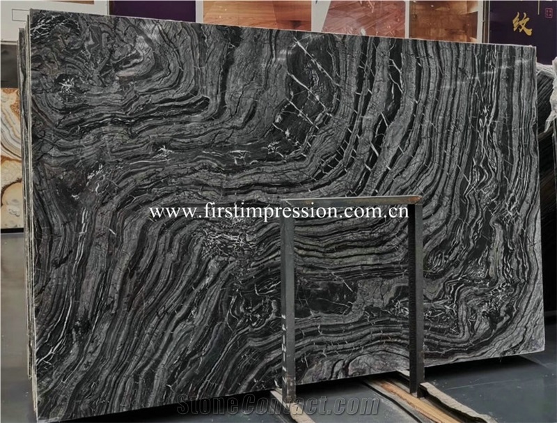 China Silver Wave Black Wooden Antique Marble Slab