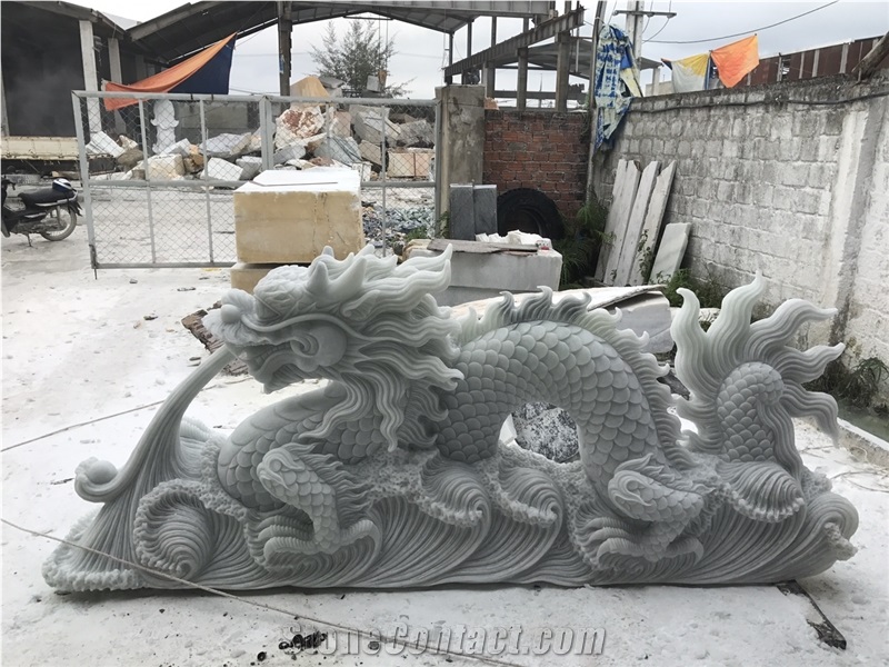 Hand Carved Marble Dragon, Natural Stone Sculpture