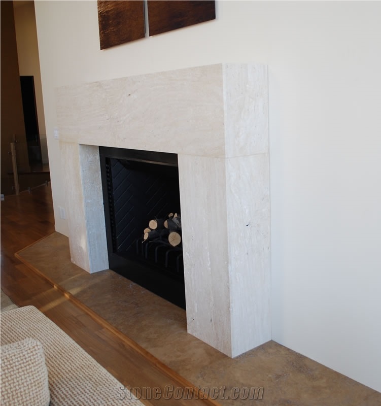 Honed-Filled Ivory Travertine Fireplace