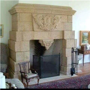 Riviera Beige Cantera Stone Carved Fireplace