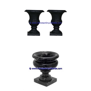 Jet Black Marble Planters Handcarved Decorated