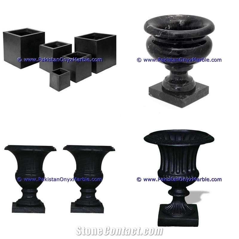 Jet Black Marble Planters Handcarved Decorated