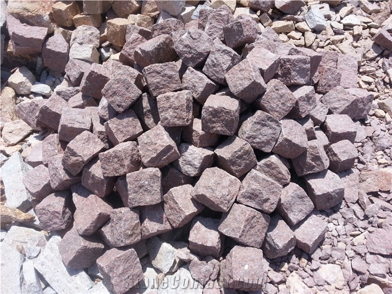Manga Red Granite Cobbles, Red Granite Cube Stones