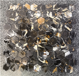 Afghan Black Gold Marble Hexagon Mosaic Tiles