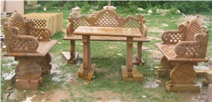 Jodhpur Pink Sandstone Garden Bench and Table