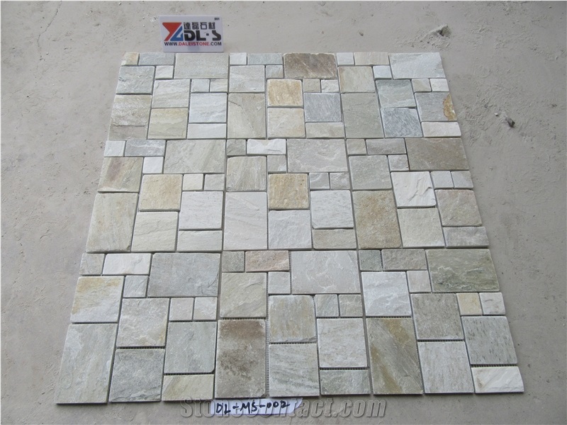 China Natural Yellow Slate Mini Pattern Mosaic Wall Floor Tiles