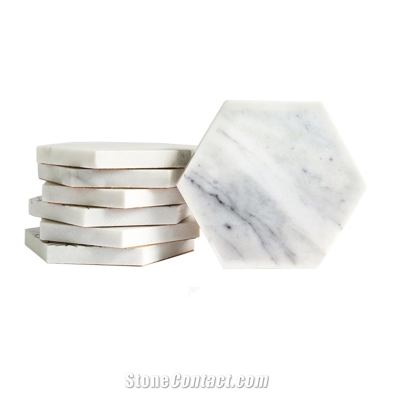 White Carrara Marble Stone Hexagon Coasters Mats