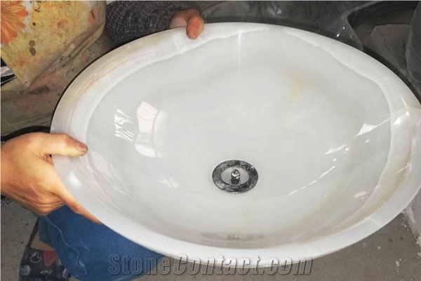 Iran White Onyx Round Vessel Basin for Bath Sinks