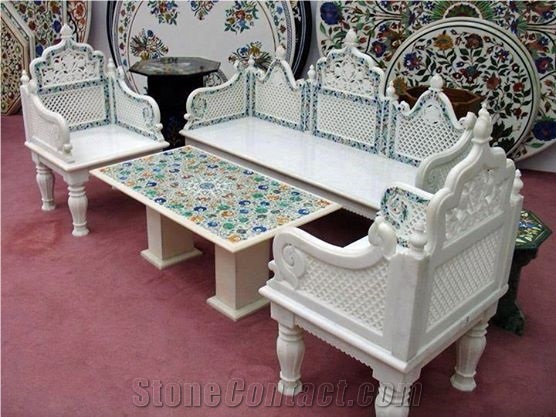 Table Top Inlayed Makrana White Marble