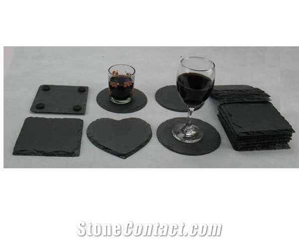 Circle Natural Black Slate Stone Cup Plates
