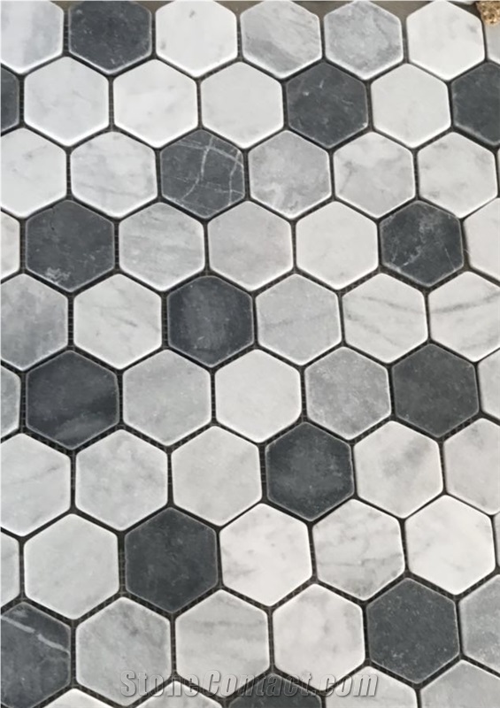 Bianco Carrara Nero Marquina Hexagon Tumble Mosaic