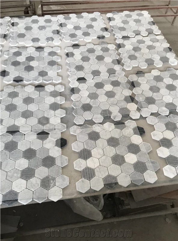 Bianco Carrara Nero Marquina Hexagon Tumble Mosaic