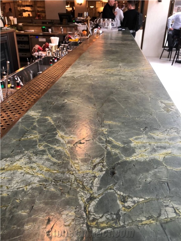 Leather Finished Peacock Green Marble Bar Tops