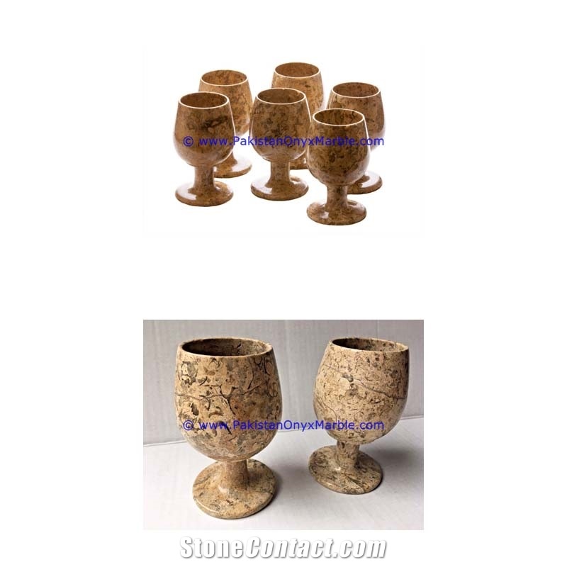 Botticino Fancy Marble Wine Glasses Goblets Set Fossil Corel