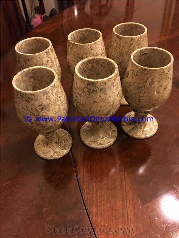 Botticino Fancy Marble Wine Glasses Goblets Set Fossil Corel