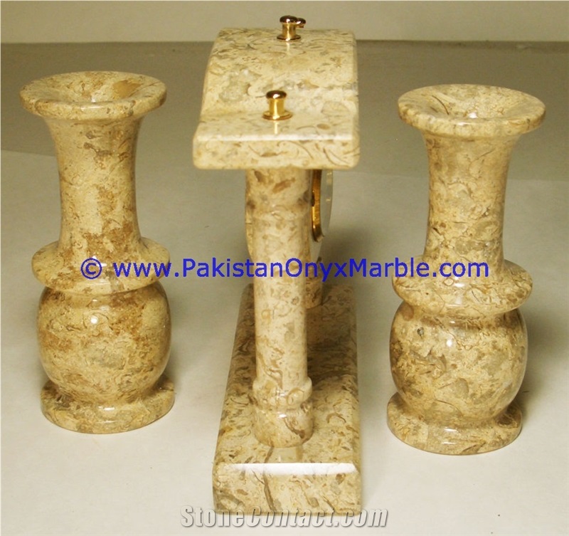 Pakistan Sahara Beige Marble Clocks Column Pillar Shape Handcarved