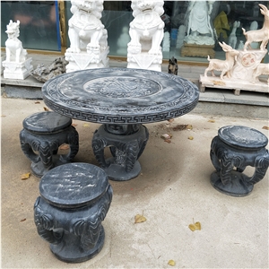 Black Carved Polished Marble Bench Table Set
