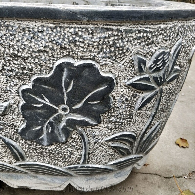 Black Limestone Outside Flower Pot Carved Planter