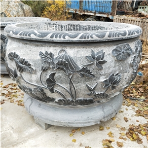 Cheap Black Stone Round Carved Flower Pot Planter