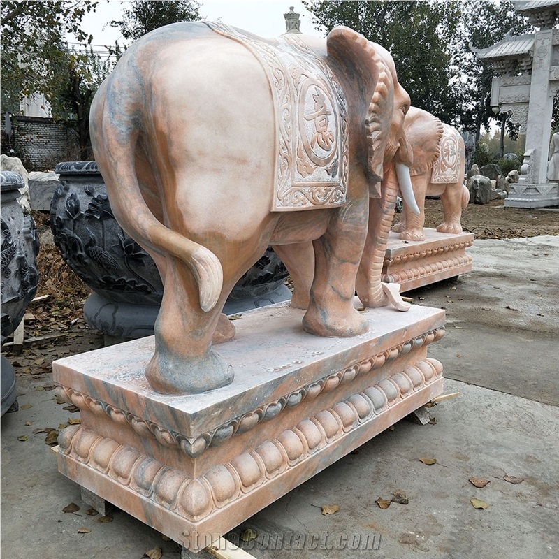 Hand Carved Orange Marble Abstract Elephant Statue