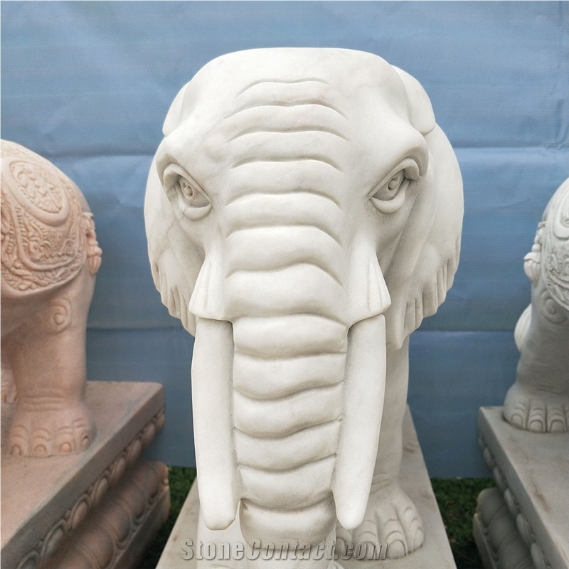 Hand Carved White Marble Abstract Elephant Statue