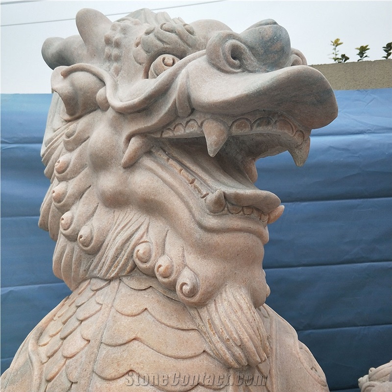 Pink Marble Lion Sculptures, Hand Carved Statues