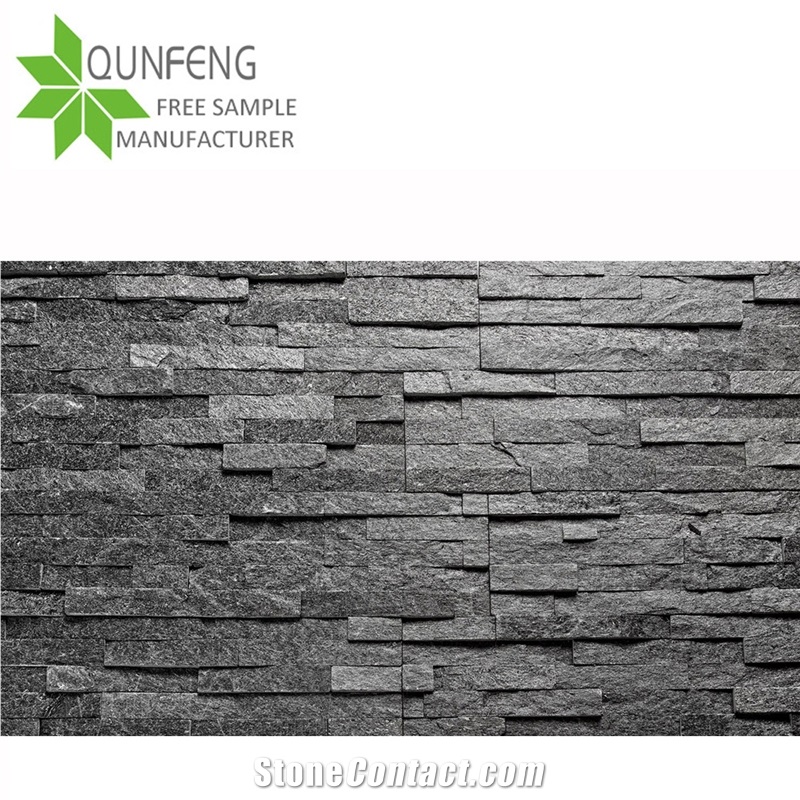 Black Stacked Stone Quartzite Wall Cladding Panels