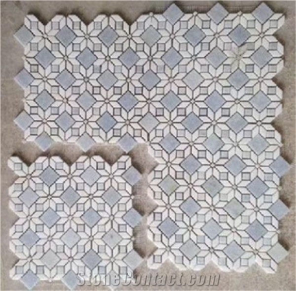 Argentine Blue Thassos Flower Pattern Stone Mosaic